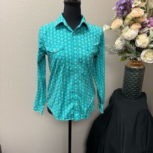 Panhandle Rough Stock Western Snap Shirt Teal Aztec Print Long Sleeve Women L